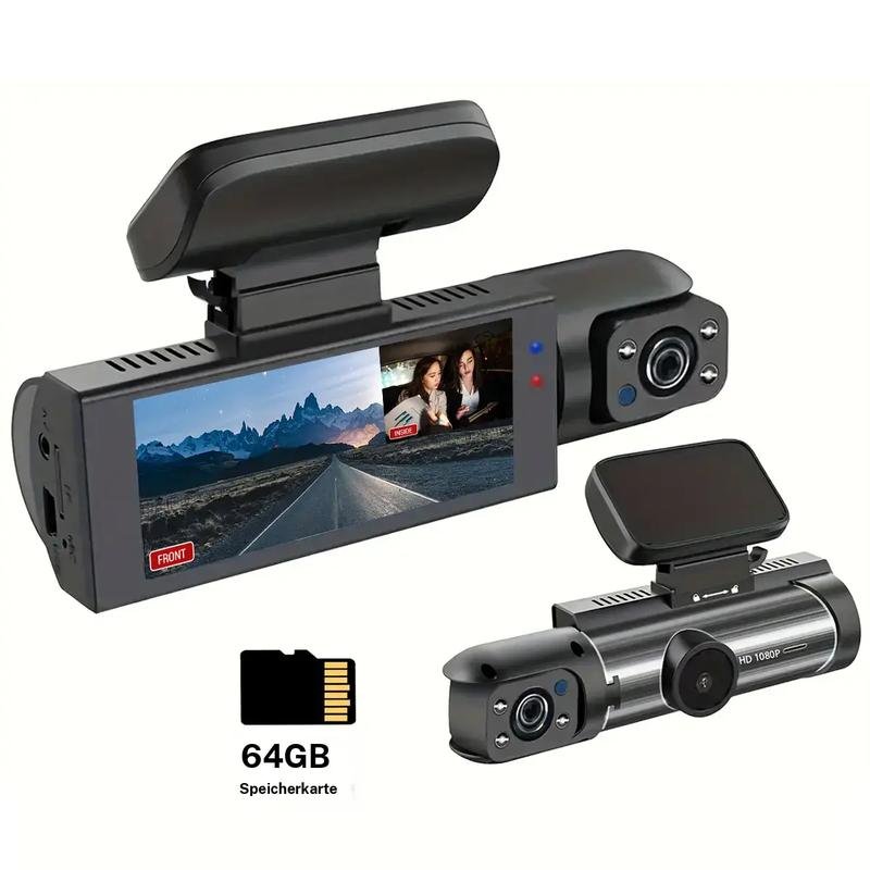 1080P Dual Recording Car DVR Camera, Dash Cam with 64GB Memory Card, Wide Angle Car DVR Camera with 3.16 Inch IPS Screen, Video Surveillance